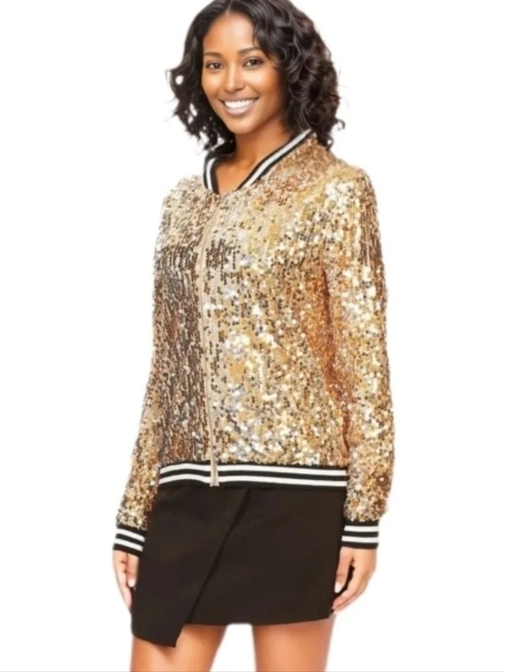 Anna-Kaci Jacket Gold Sequin Bomber Style Sparling Gold Size S - Picture 4 of 17